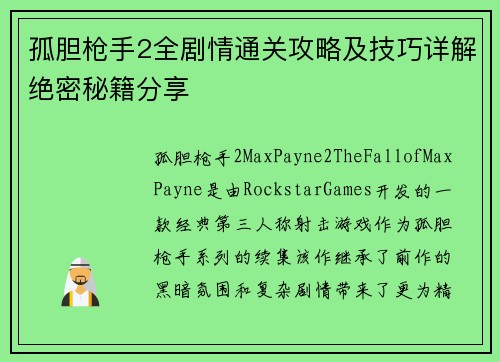 孤胆枪手2全剧情通关攻略及技巧详解绝密秘籍分享