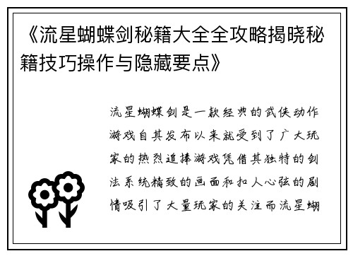 《流星蝴蝶剑秘籍大全全攻略揭晓秘籍技巧操作与隐藏要点》
